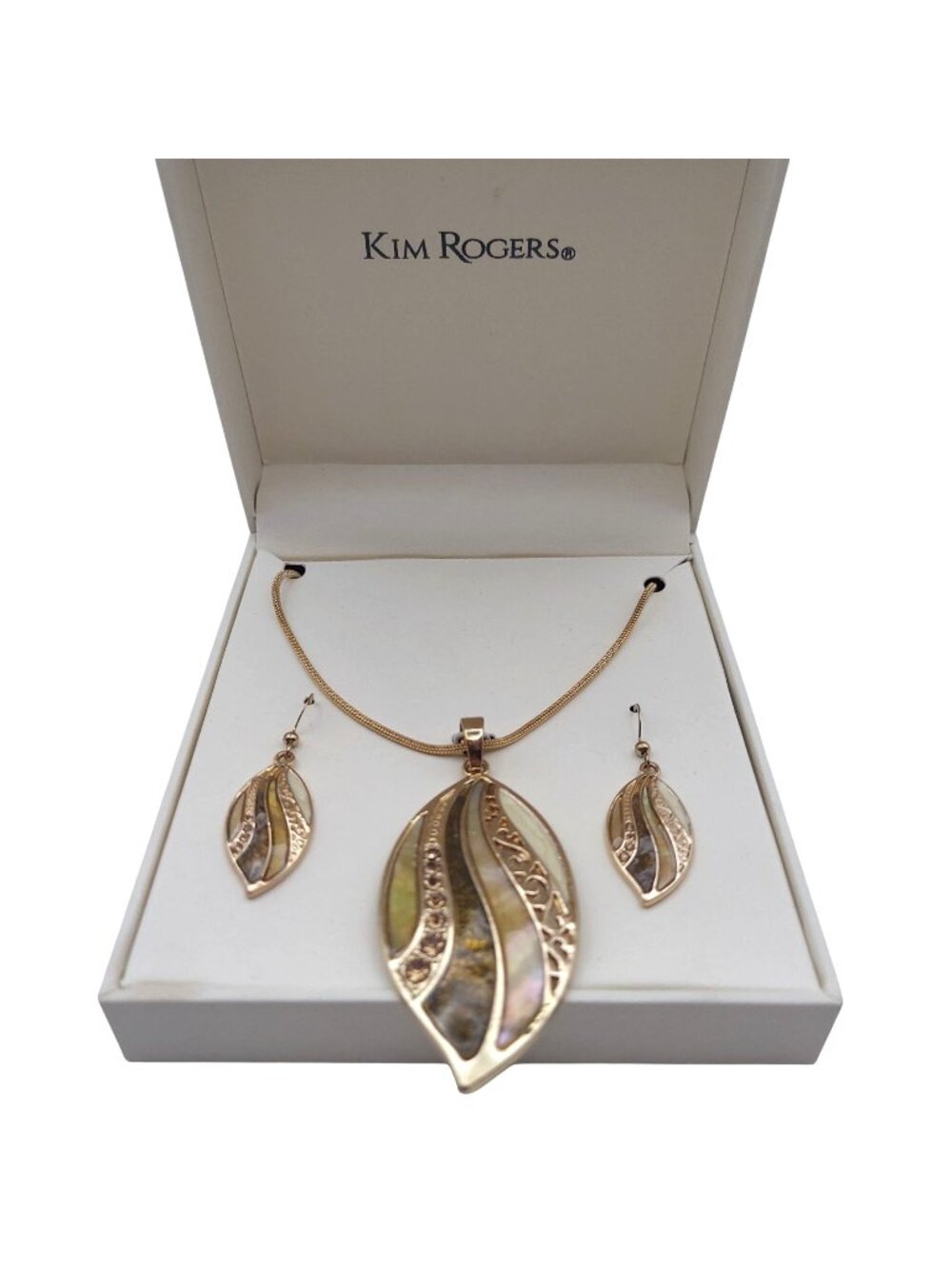 Kim Rogers Leaf Pendant Necklace Earrings Set Gold Tone Abalone Rhinestone Inlay